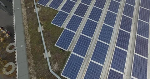 Aerial view of solar cell panels on a rooftop of residential building . Stock Footage 120967074