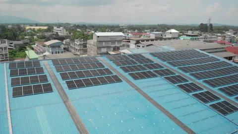 Aerial view of solar cell panels installed on roof of the factory. Stock Footage 277597016