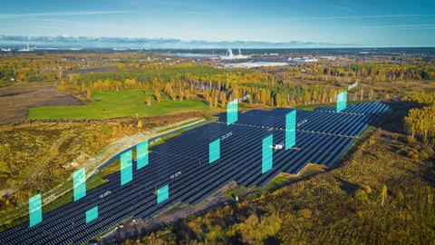 Aerial View Of Solar Farm With Data Bar Graph Rising At Sunrise. hyperlapse Stock Footage 303835011