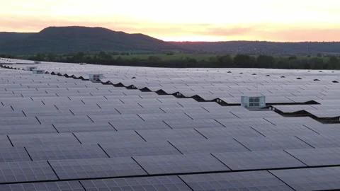 Aerial view of Solar Farm at Sunset in Bulgaria Solar Power as a Key Element in Stock-Footage 310368355