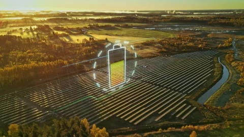 Aerial view of solar farm at sunset in Latvia. Stock Footage 340592516