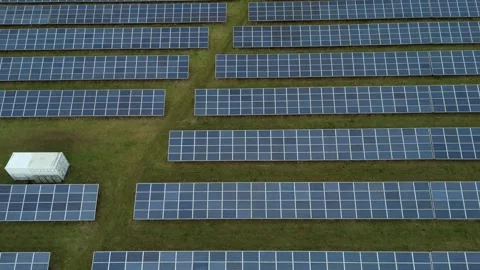 Aerial view of solar panel array on grass, United Kingdom. Stock Footage 321129973