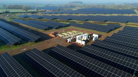 Aerial view of solar panel array at Windmill Hill Lane, United Kingdom. Stock Footage 325847100