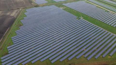 Aerial view of solar panel array, United Kingdom. Stock Footage 331138068