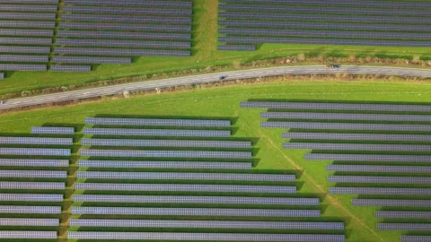 Aerial view of solar panel array with road, United Kingdom. Stock Footage 331852743