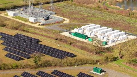 Aerial view of solar panel array, United Kingdom. Stock Footage 331858590