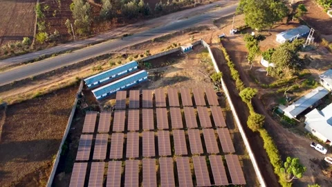 Aerial view of solar panel array at Tana Athi Water Service, Kenya. Video stock 341442966