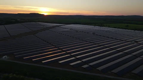 Aerial View of Solar Panel Arrays at Sunset in Bulgaria Raising Awareness for Stock Footage 310367175