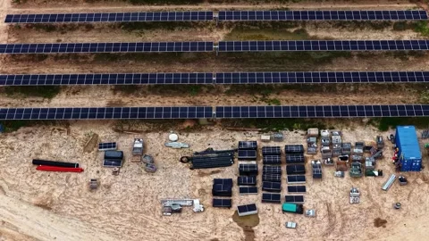 Aerial view of solar panel construction site Stock Footage 343821634
