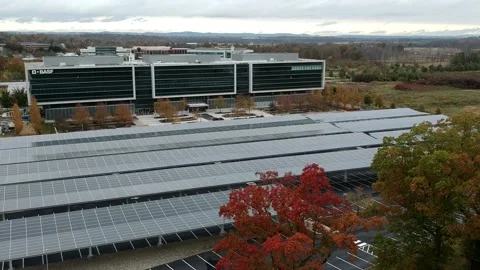 Aerial view of solar panel covered parking in New Jersey Stock Footage 142103482