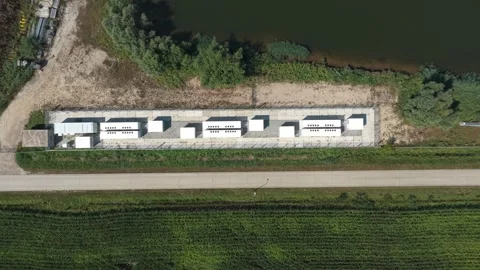 Aerial view of solar panel energy storage units, Netherlands Stock Footage 341874443