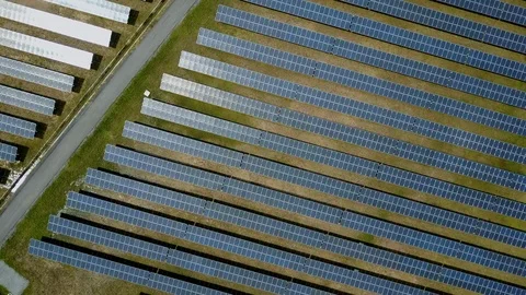 Aerial view of Solar panel farm or solar power plant. Renewable energy Stock Footage