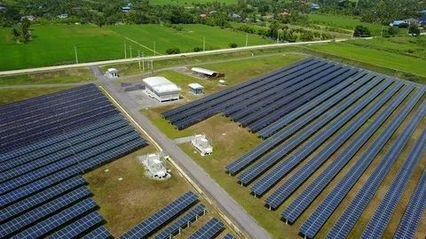 Aerial view of Solar panel farm or solar power plant. Renewable energy Stock Footage 97797529