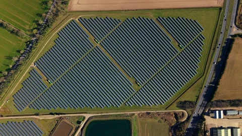 Aerial view of solar panel farm, United Kingdom. Stock Footage 331992894