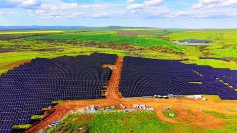 Aerial view of solar panel farm construction, Bulgaria Stock-Footage 339008838
