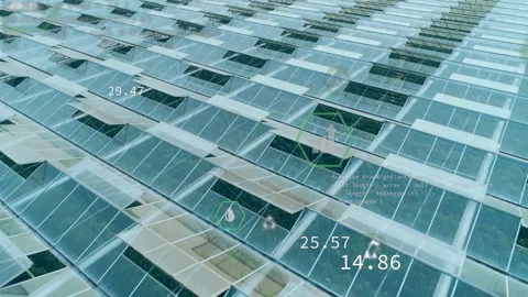 Aerial view solar panel grid showing hovering hex icons, readouts while Vidéo 312759301