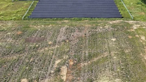 Aerial View Solar Panel Grid Array AI Green Energy Video stock 337006153