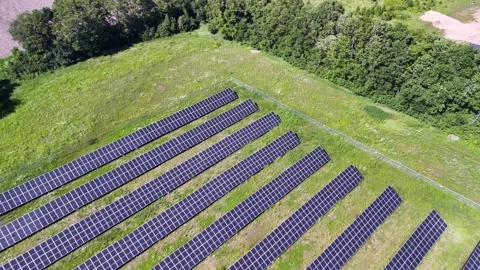 Aerial View Solar Panel Grid Array AI Green Energy Video stock 337006155
