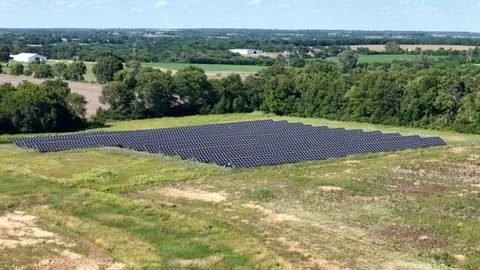 Aerial View Solar Panel Grid Array AI Green Energy Video stock 337006160