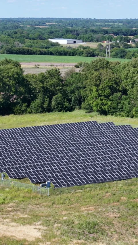 Aerial View Solar Panel Grid Array AI Green Energy Video stock 337006175