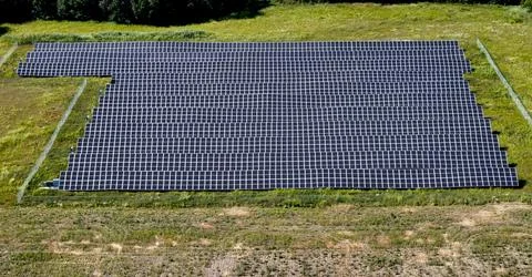 Aerial View Solar Panel Grid Array Green Energy Stock Photos