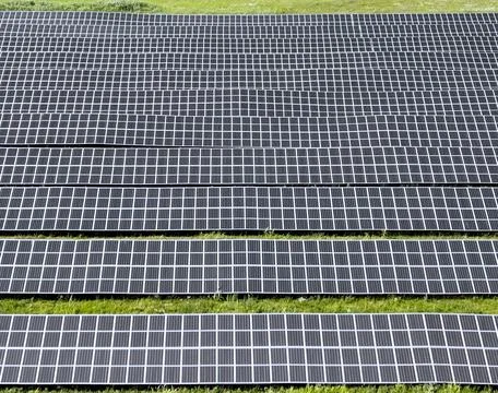 Aerial View Solar Panel Grid Array Green Energy Stock Photos