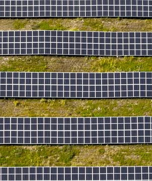 Aerial View Solar Panel Grid Array Green Energy Stock Photos