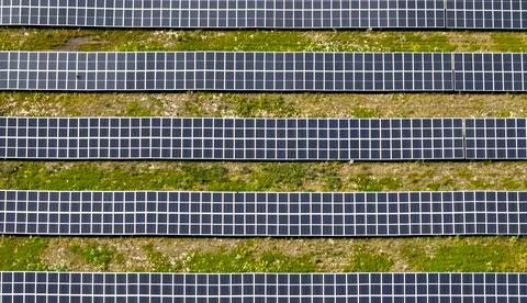 Aerial View Solar Panel Grid Array Green Energy Stock Photos