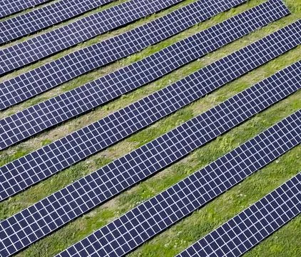 Aerial View Solar Panel Grid Array Green Energy Stock Photos