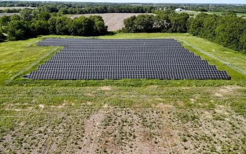 Aerial View Solar Panel Grid Array Green Energy Stock Photos