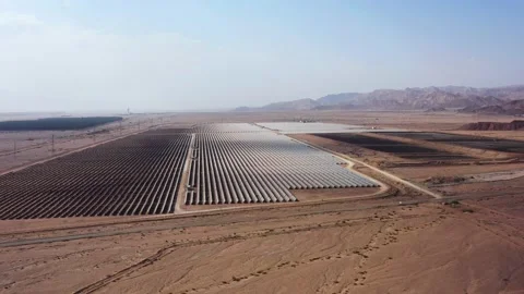 Aerial View of Solar Panel Park or farm Solar panels in the desert among the Stock Footage 164875634