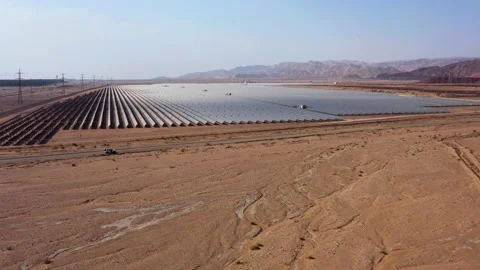 Aerial View of Solar Panel Park or farm Solar panels in the desert among the Stock Footage 164875766