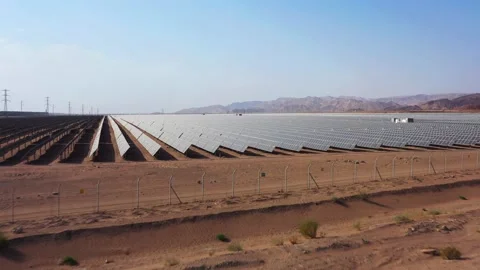 Aerial View of Solar Panel Park or farm Solar panels in the desert among the Stock Footage 164875885