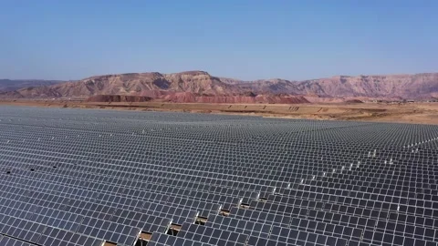 Aerial View of Solar Panel Park or farm Solar panels in the desert among the Stock Footage 164875936