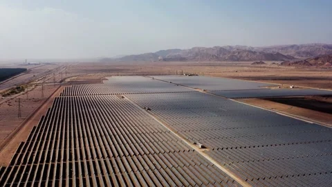 Aerial View of Solar Panel Park or farm Solar panels in the desert among the Stock Footage 164876134