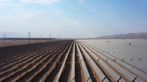 Aerial View of Solar Panel Park or farm Solar panels in the desert among the Stock Footage 164876222