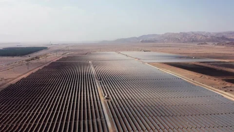 Aerial View of Solar Panel Park or farm Solar panels in the desert among the Stock Footage 164876295