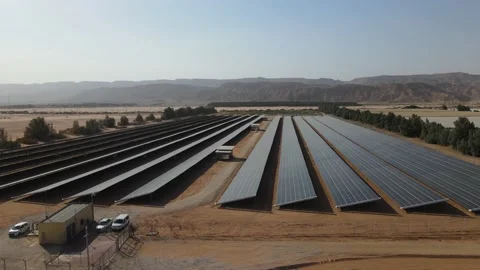 Aerial View of Solar Panel Park or farm Solar panels in the desert among the Stock Footage 164961321