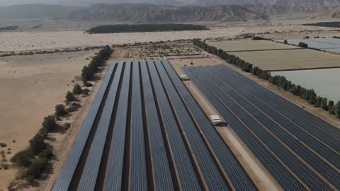 Aerial View of Solar Panel Park or farm Solar panels in the desert among the Stock Footage 164962976