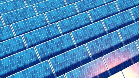 Aerial view of solar panel rows reflecting warm sunset light on blue photov.. 스톡 동영상 327114418