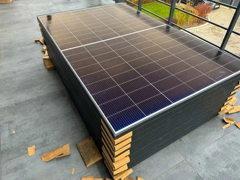 Aerial view of solar panel system setup for sustainable energy Stock Photos