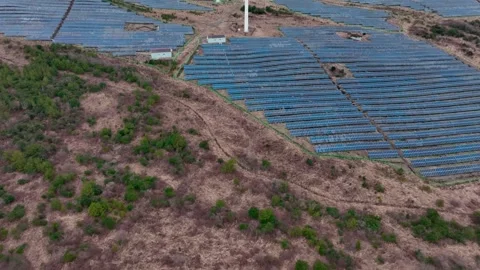 Aerial view of solar panels and wind turbines in Jeju Island Stock Footage 296435517