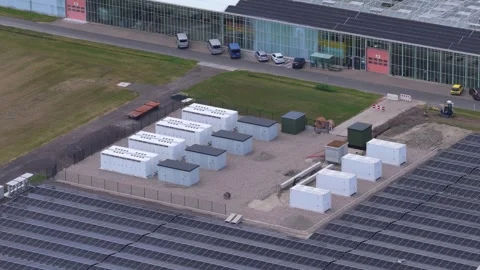 Aerial view of solar panels and battery energy storage system units Stock Footage 340350148
