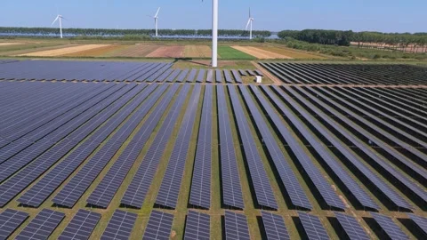 Aerial view of solar panels and wind turbines generating renewable energy Vídeo Stock 342809891