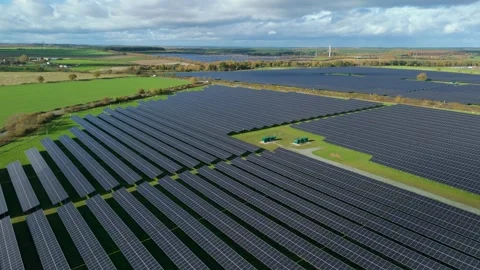 Aerial view of solar panels array, United Kingdom. Stock Footage 321131480