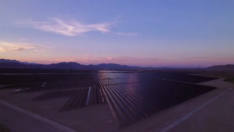 Aerial view of solar panels during sunset in Nevada state. Stock Footage 220160587