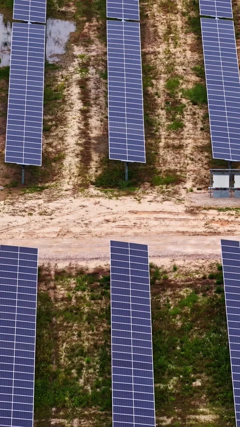 Aerial view of solar panels in a field in Latvia. Stock Footage 344984150