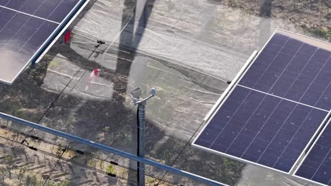 Aerial view of solar panels in a field, Italy. Stock Footage 346375951