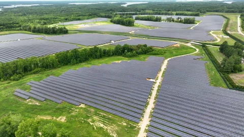 Aerial view of solar panels fields Video stock 221990838