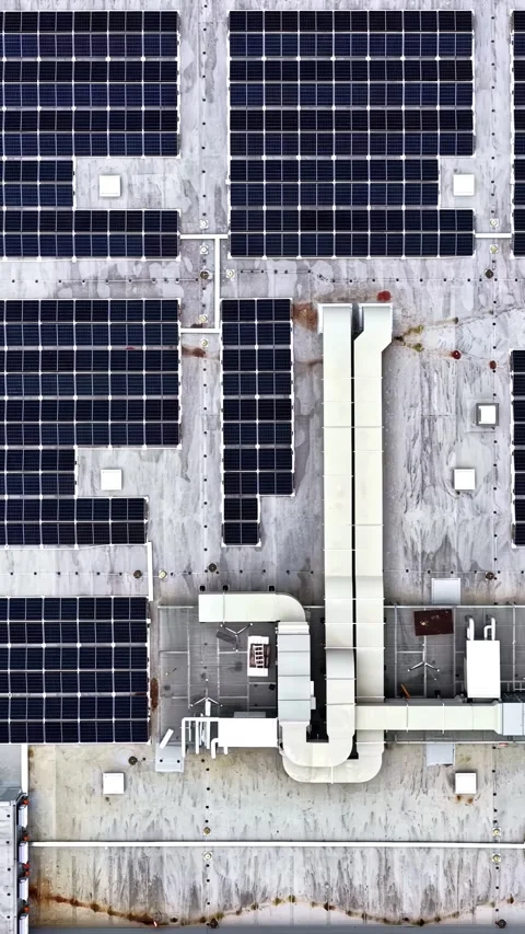 Aerial view of solar panels on a flat roof in Latvia. Stock Footage 339806773